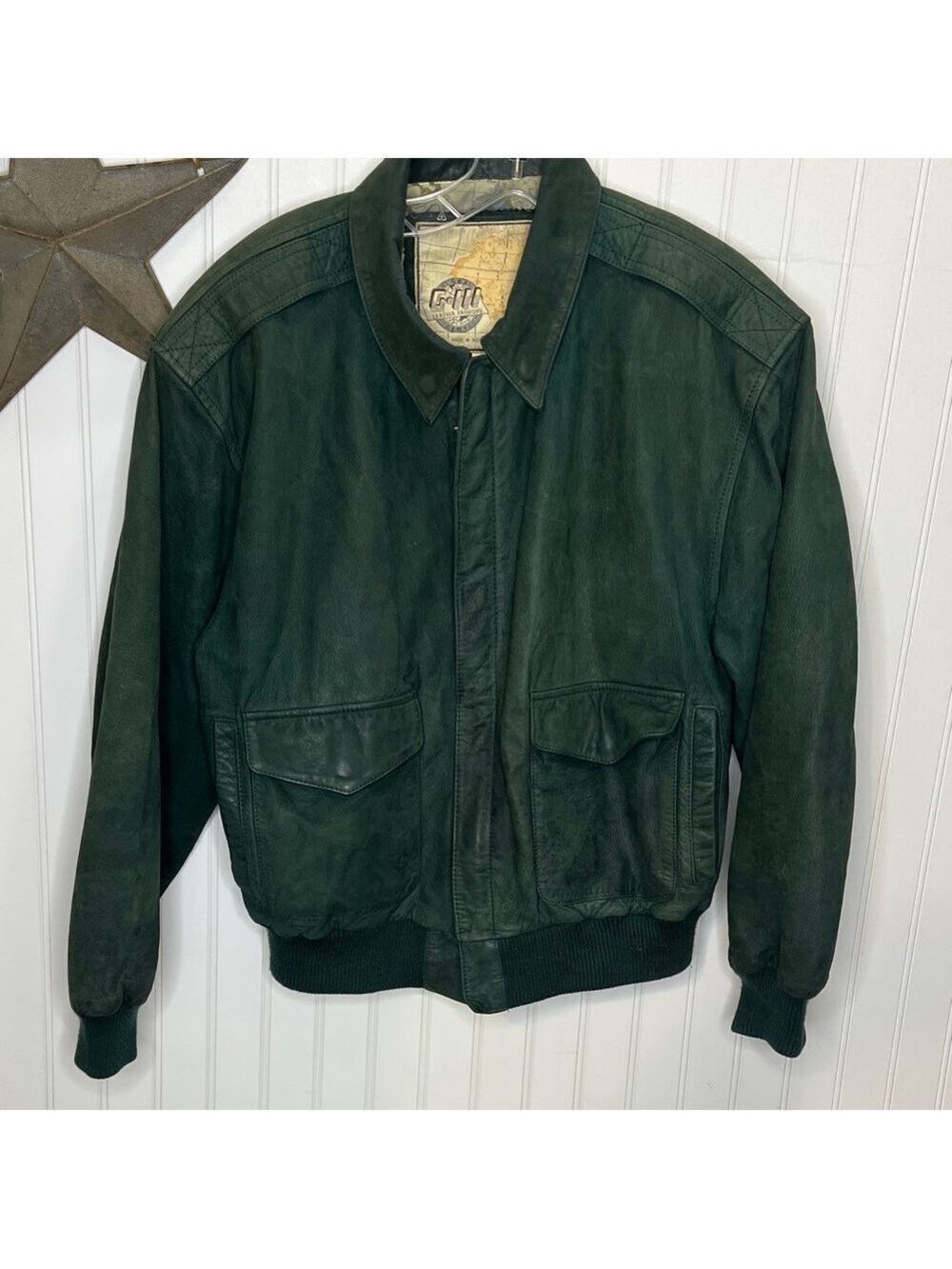 G-111 Vintage Green Leather Bomber Jacket Size Medium